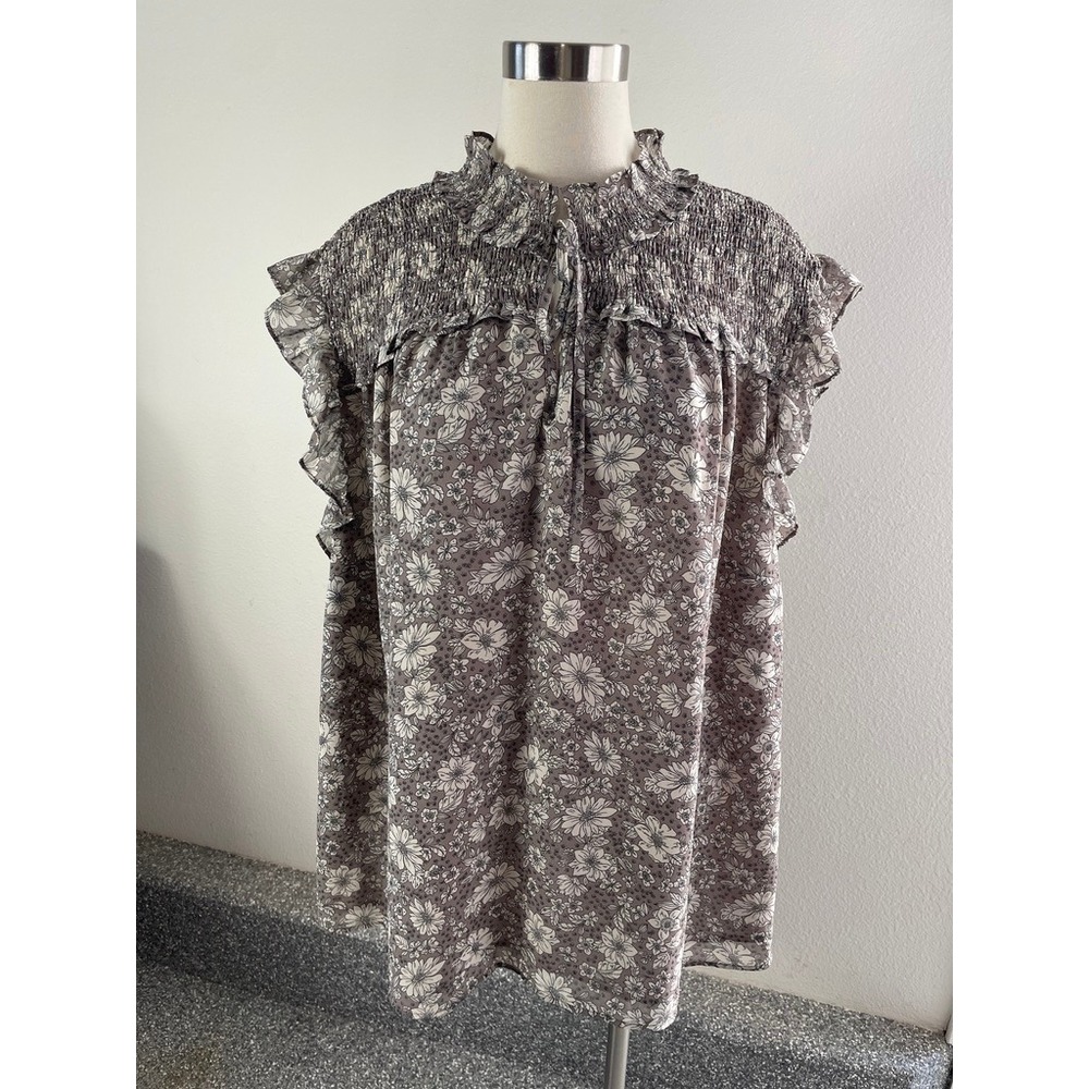 Pleione Womens Plus 3X Floral Smocked Ruffle Cap Sleeve Blouse Taupe Gray